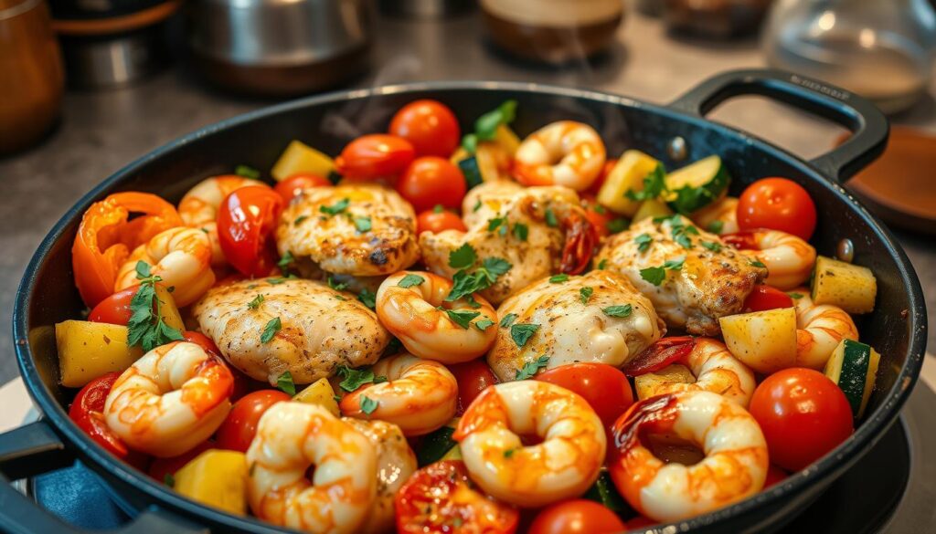 One-pan chicken shrimp meal